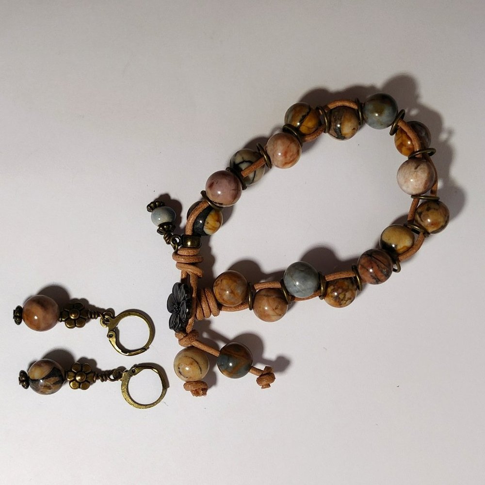 New Artisan Hand Beaded Boho Leather & Genuine Jasper Bracelet & Earrings